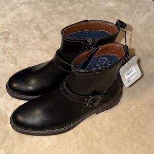 Men’s Black Ankle Boots with Buckle side zip comfort footbed NEW!